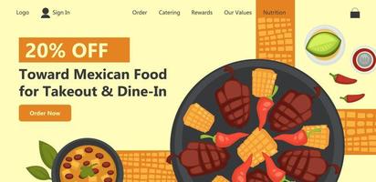 Mexicaans voedsel en afhaalmaaltijd dineren in, website bladzijde vector
