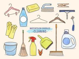illustratie reeks van waterverf hand getekend dagelijks benodigdheden -schoonmaak producten vector