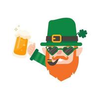 grappig elf van Ierse folklore tekenfilm vieren door drinken bier Aan heilige Patrick dag. vector