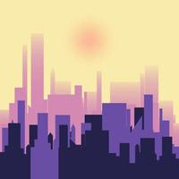 silhouet van de avond stad in de instelling zon. Purper geel kleur. stedelijk landschap in een vlak stijl. silhouet van stad gebouwen vector achtergrond. architectuur van een modern stad. vector.