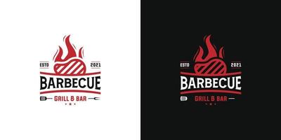 barbecue restaurant. logo van barbecue, rooster en bar met vuur, rooster vork en spatel. steak huis logo, steak, barbecue, rooster menu. grunge textuur. vector illustratie