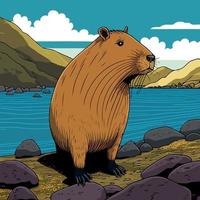 capibara zoogdier dier in natuur Aan de rand van een rivier- met stenen Aan de grond vector