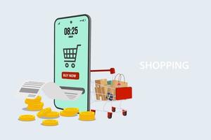 mobiel telefoon staan voor van voorkant van winkel winkel.shopping online Aan website of mobiel toepassing concept vector