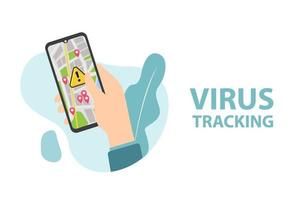 illustratie van hand- Holding een smartphone en opening een plaats bijhouden toepassing voor mensen geïnfecteerde met de corona virus. corona virus het uitbreken informatie sollicitatie. vlak ontwerp. vector