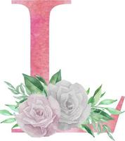 waterverf brief l met bloemen en bladeren. bloemen roze hoofdstad brief l voor bruiloft uitnodigingen, groet kaart, logo vector