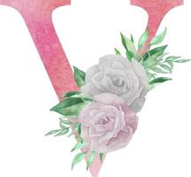 waterverf brief v met bloemen en bladeren. bloemen roze hoofdstad brief v voor bruiloft uitnodigingen, groet kaart, logo vector