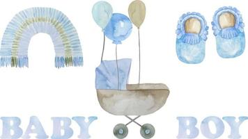 waterverf baby jongen blauw wandelwagen met ballonnen illustratie, blauw boho regenboog en schoenen. haar een jongen reeks vector