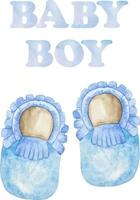 waterverf baby jongen douche set. haar een jongen thema met schoenen. haar een jongen illustratie vector