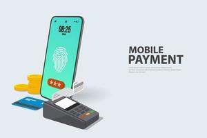 mobiel betaling via smartphone gebruik makend van vingerafdruk identificatie en credit kaart Aan scherm vector
