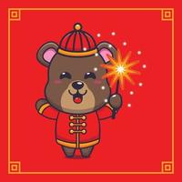 schattig beer spelen vuurwerk in Chinese nieuw jaar. vector tekenfilm illustratie geschikt voor poster, brochure, web, mascotte, sticker, logo en icoon.