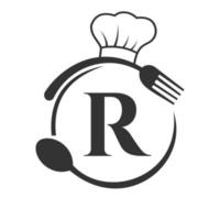 restaurant logo Aan brief r concept met chef hoed, lepel en vork voor restaurant logo vector