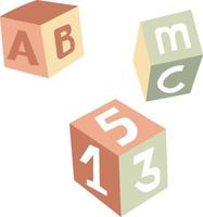 leerzaam speelgoed voor kinderen naar leren brieven en getallen door spelen. geïsoleerd houten kubussen voor ontwikkeling en verbeteren vaardigheden van kind. peuter- activiteiten en studies. vector in vlak stijl