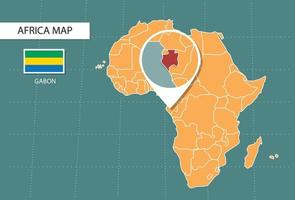 Gabon kaart in Afrika zoom versie, pictogrammen tonen Gabon plaats en vlaggen. vector