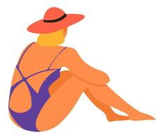 vrouw in zwemmen pak en hoed zittend door strand vector