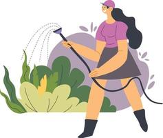 vrouw gieter planten en bloemen buitenshuis vector