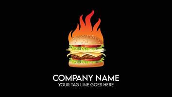 snel voedsel hamburger met brand achter logo vector