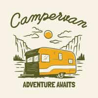 camper busje buitenshuis avontuur hand- getrokken lijn avontuur illustratie logo insigne vector