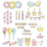 verjaardag partij decoraties. cupcakes, kaarsen, ballonnen, snoep, en andere feestelijk artikelen. reeks van geïsoleerd pictogrammen. vector illustraties