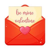 Open rood envelop met een liefde Notitie tekst worden de mijne valentijn. valentijnsdag dag groet kaart. vector illustratie voor ontwerp geïsoleerd Aan wit achtergrond.