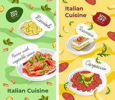 Italiaans keuken, gerechten en desserts poster uitverkoop vector