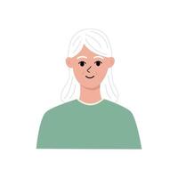 modern oud vrouw portret vlak. mooi hoor ouderen vrouw grijs haar karakter in blauw t-shirt. gezicht, hoofd portret. hand- getrokken vector illustratie geïsoleerd Aan wit achtergrond.