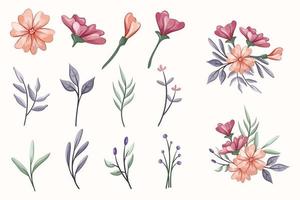 reeks botanisch bloesem bloemen elementen. takken, bladeren, kruiden, wild planten, bloemen. tuin, weide, veld- verzameling blad, gebladerte, takken. bloeien vector illustratie geïsoleerd Aan wit achtergrond