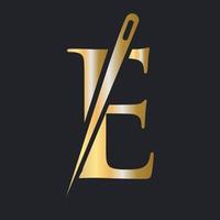 eerste brief e kleermaker logo, naald- en draad combinatie voor borduren, textiel, mode, lap, kleding stof, gouden kleur sjabloon vector