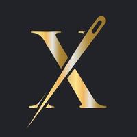 eerste brief X kleermaker logo, naald- en draad combinatie voor borduren, textiel, mode, lap, kleding stof, gouden kleur sjabloon vector