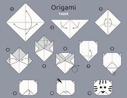 zelfstudie tijger origami regeling. geïsoleerd origami elementen Aan grijs achtergrond. origami voor kinderen. stap door stap hoe naar maken origami tijger. vector illustratie.