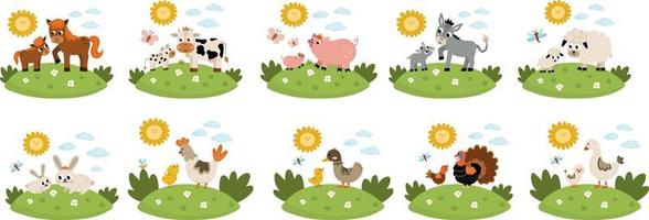 vector boerderij dier scènes set. verzameling met koe, paard, geit, schaap, eend, kip, varken en hun baby's. schattig land moeder en baby illustratie met gras achtergrond, zon, wolken