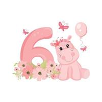 schattig baby meisje nijlpaard. verjaardag uitnodiging. zes jaar, 6 maanden. gelukkig verjaardag vector