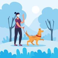 vrouw wandelen met de hond buitenshuis vector