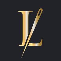 eerste brief l kleermaker logo, naald- en draad combinatie voor borduren, textiel, mode, lap, kleding stof, gouden kleur sjabloon vector