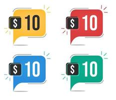 10 dollar prijs. geel, rood, blauw en groen valuta labels. ballon concept met tien dollars voor verkoop. vector