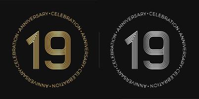 19e verjaardag. negentien jaren verjaardag viering banier in gouden en zilver kleuren. circulaire logo met origineel getallen ontwerp in elegant lijnen. vector