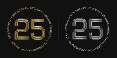 25e verjaardag. vijfentwintig jaren verjaardag viering banier in gouden en zilver kleuren. circulaire logo met origineel getallen ontwerp in elegant lijnen. vector