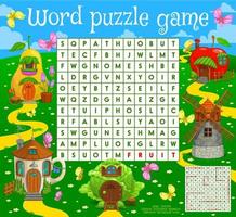 woord zoeken puzzel spel, sprookje magie huizen vector