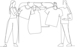 doorlopend een lijn tekening gelukkig vrouw staand in voorkant van hanger rek en proberen naar Kiezen kleding dressing. kleding concept. single lijn trek ontwerp vector grafisch illustratie.