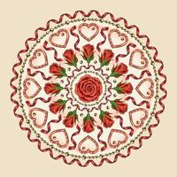 ronde patroon met hart, kralen, spiraal lint, wimpel, halftone vormen, roos. vector ornament voor bruiloft, verloving evenement, valentijnsdag dag, geschenk decoratie