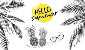 hallo zomer, palmboom, bril, ananas. hand getekende illustratie. vector