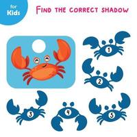 een serie van leerzaam spellen Aan de marinier thema verzamelen een schaduw voor de krab. introduceert kinderen naar marinier dieren. een interactief, pret werkzaamheid dat helpt kinderen verbeteren hun bevoegdheden van observatie vector