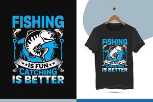 visvangst is pret vangen is beter - visvangst typografie t-shirt ontwerp sjabloon. vector illustratie met vis, haak, en grunge lintje.