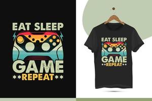 eten slaap spel herhaling - wijnoogst retro kleur-stijl gaming t-shirt ontwerp sjabloon. vector illustratie met een gamepad, controleur, en grungy effect overhemd kunst.