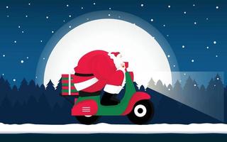 een Mens vervelend een de kerstman claus kostuum ritten een motorfiets naar leveren pakketjes Bij nacht. vector