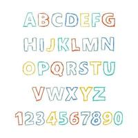 hand- getrokken Latijns alfabet brieven en nummers. hoofdletters modern doopvont en lettertype. veelkleurig symbolen Aan wit achtergrond. vector illustratie.