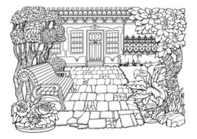 romantisch oud dorp. kleur Pagina's. huis, stoep, bank, planten. vector. vector