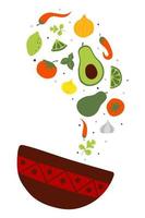 Mexicaans avocado saus guacamole met vers rauw ingrediënten vallen in de schaal. vlak vector illustratie