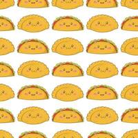 naadloos patroon met Mexicaans pasteitje empanadas en taco's met grappig gezichten in tekening tekenfilm stijl geïsoleerd Aan wit achtergrond vector