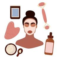 vrouw gezicht en schoonheid kunstmatig masker. gelaats jade rol. huid zorg spandoek. gezicht masker, huidverzorging, behandeling, ontspanning. zelfzorg concept. voorraad vector illustratie