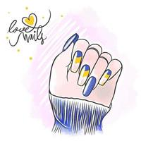 lief nagel ontwerp, blauw geel kleur lang nagels, liefde nagels, manicure vector